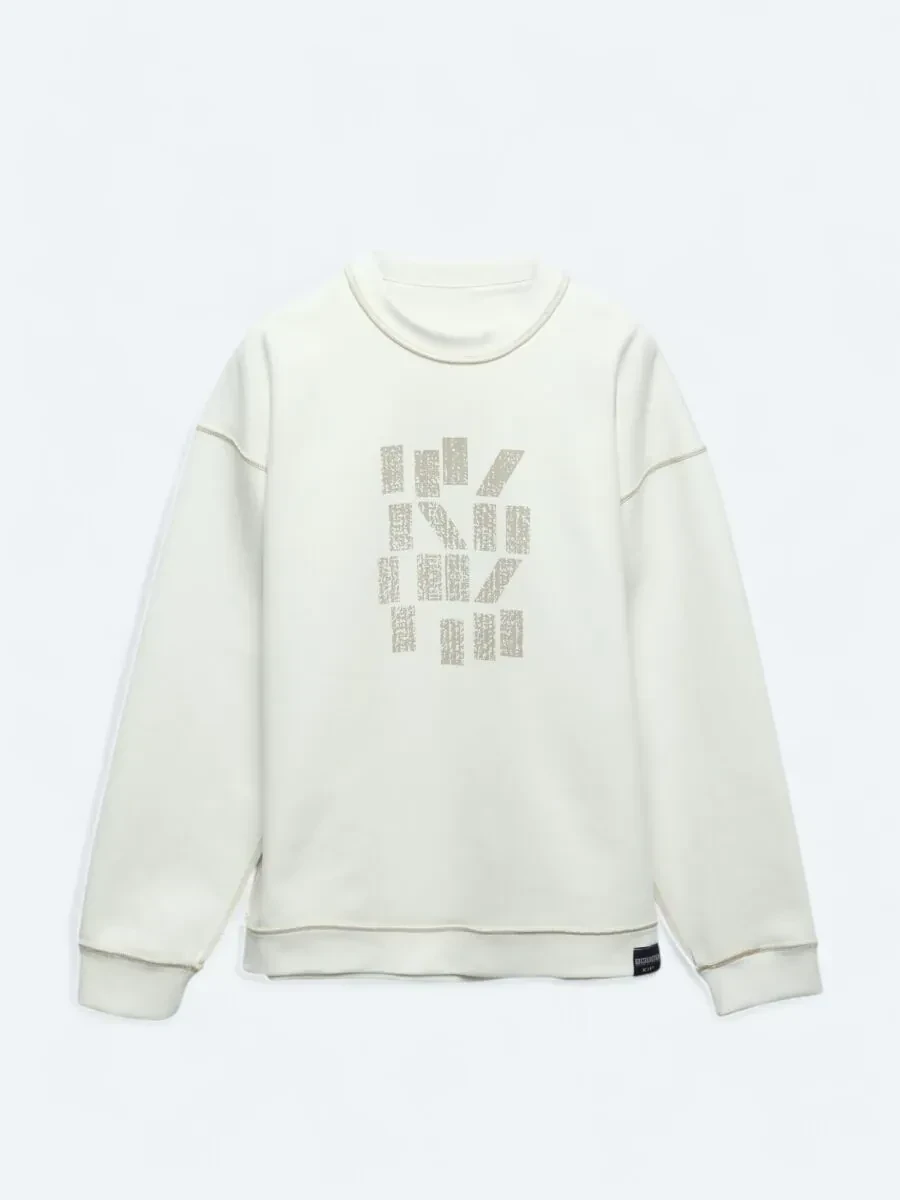 Ekru Bisiklet Yaka Baskılı Çift Taraflı Sweatshırt - 12