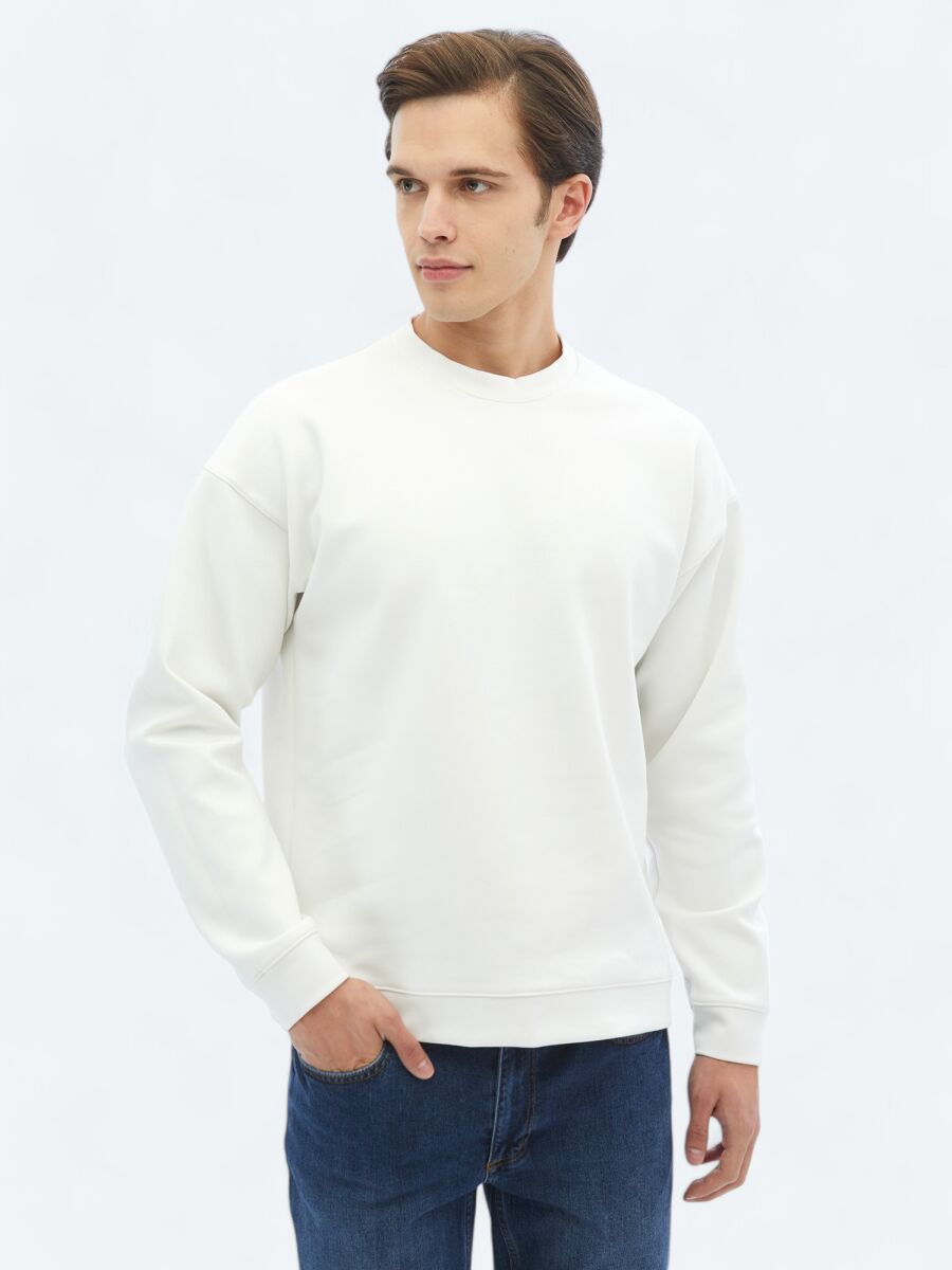 Ekru Bisiklet Yaka Baskılı Çift Taraflı Sweatshırt - 2
