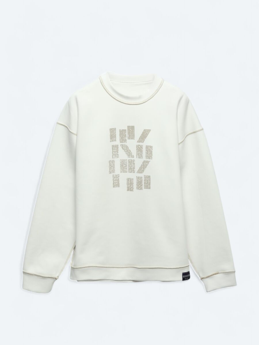 Ekru Bisiklet Yaka Baskılı Çift Taraflı Sweatshırt - 12