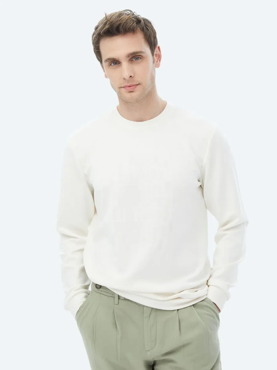 Ekru Bisiklet Yaka Baskılı Sweatshırt - 1