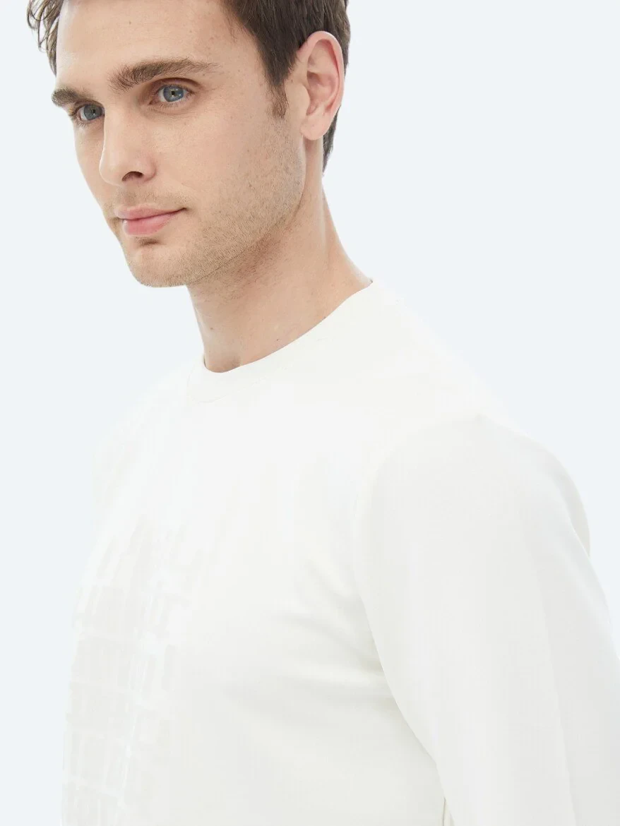 Ekru Bisiklet Yaka Baskılı Sweatshırt - 5