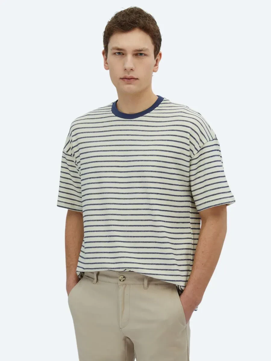 Ekru Çizgili Bisiklet Yaka %100 Pamuk T-Shirt - 1