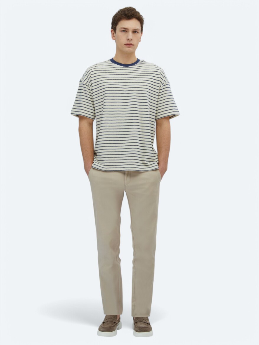 Ekru Çizgili Bisiklet Yaka %100 Pamuk T-Shirt - KİP