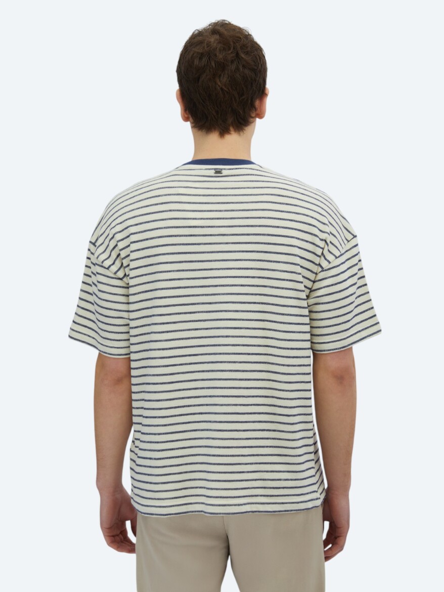 Ekru Çizgili Bisiklet Yaka %100 Pamuk T-Shirt - 6