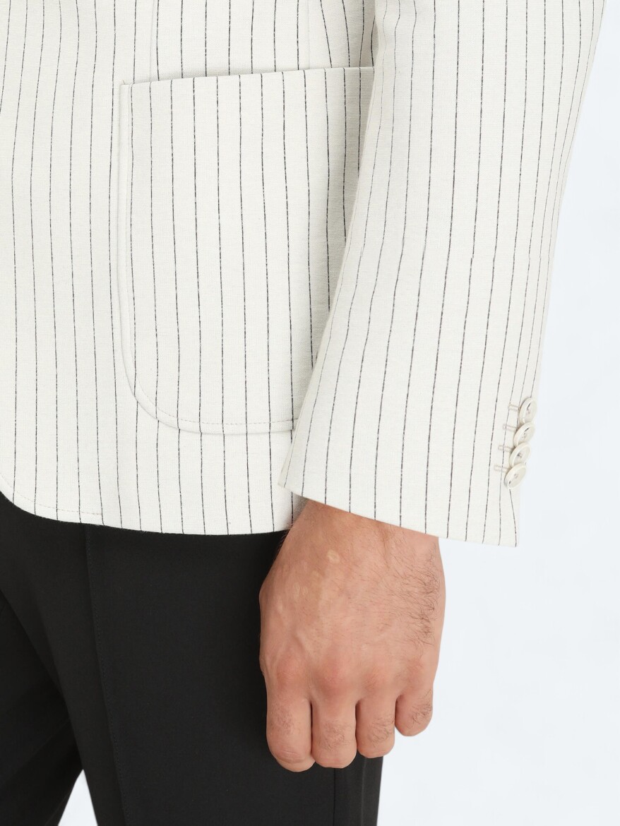 Ekru Çizgili Modern Fit Pamuk Karışımlı Örme Ceket - 5