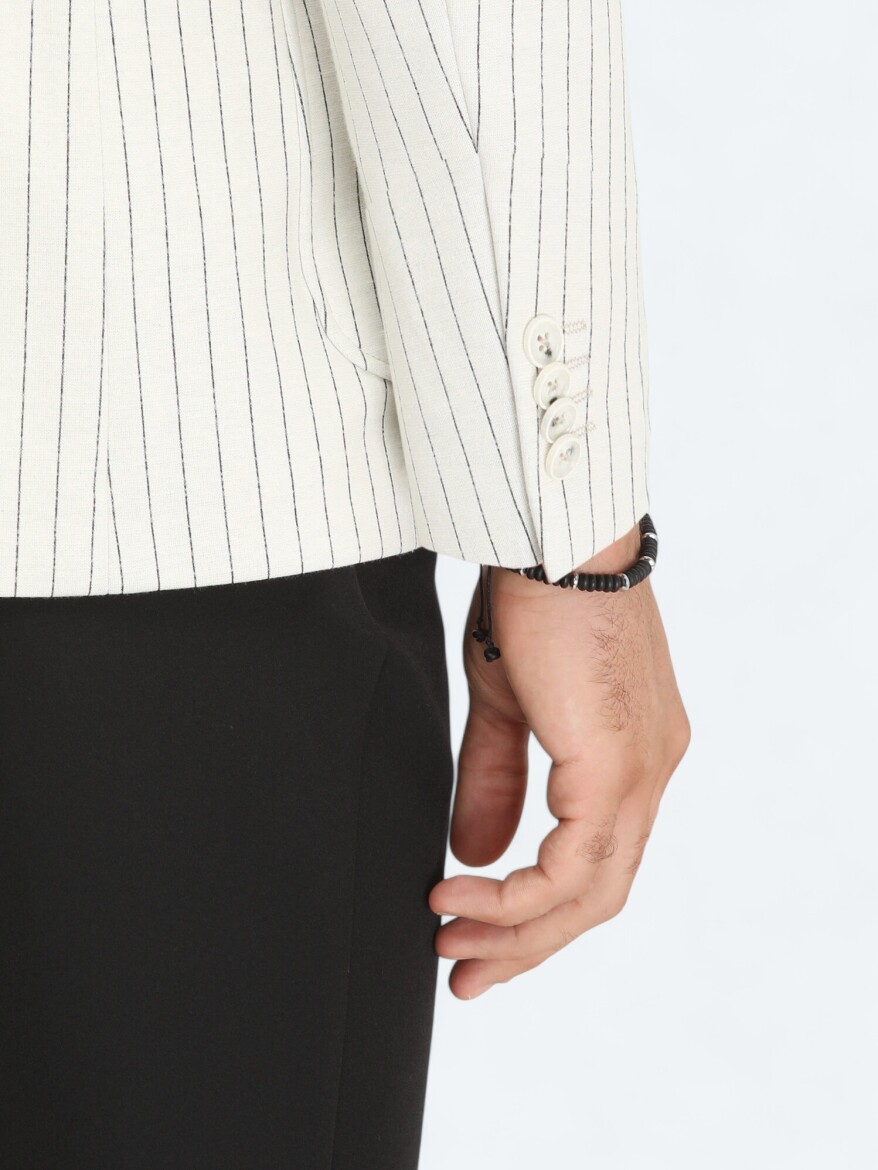 Ekru Çizgili Modern Fit Pamuk Karışımlı Örme Ceket - 6