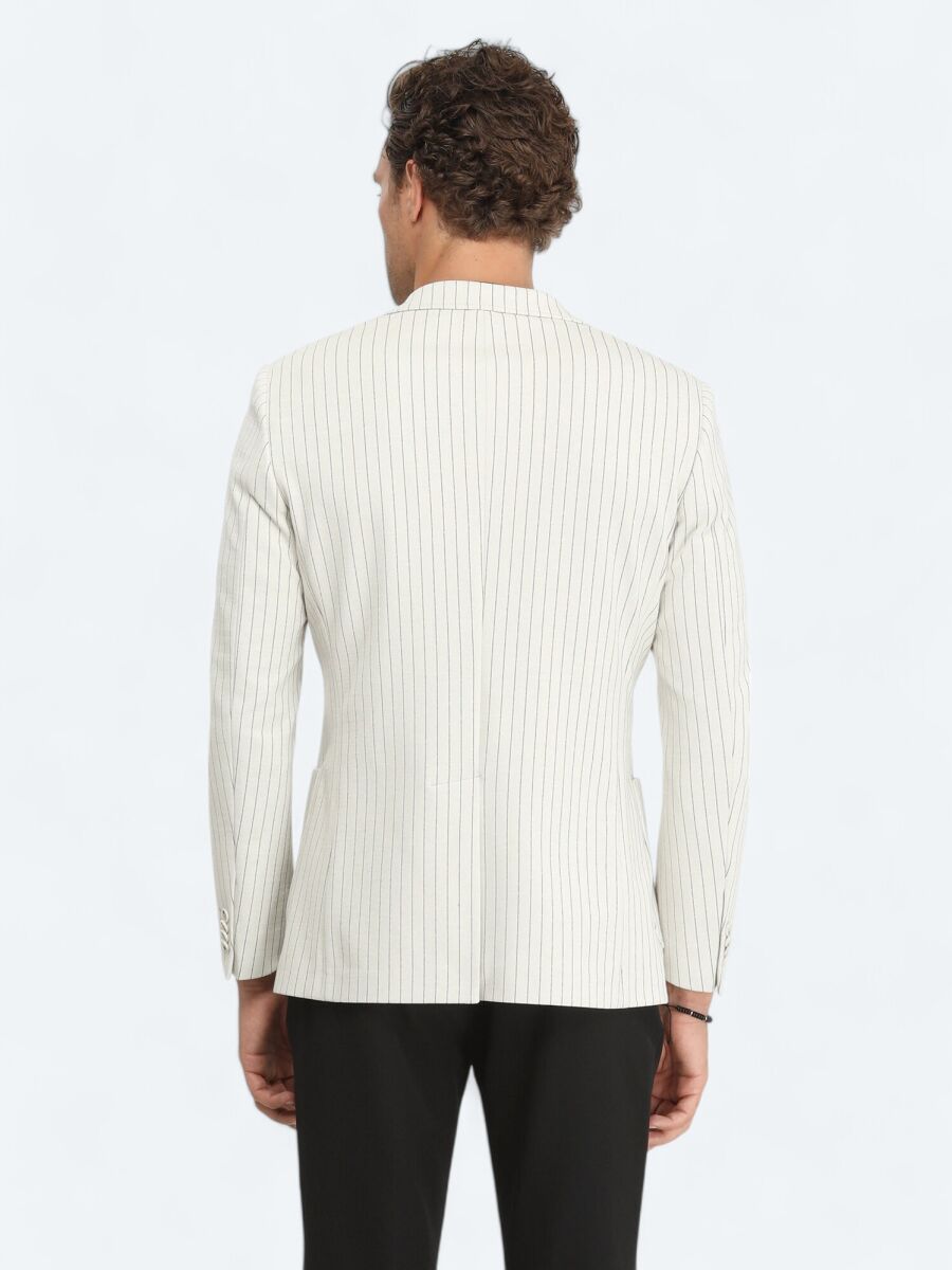 Ekru Çizgili Modern Fit Pamuk Karışımlı Örme Ceket - 7
