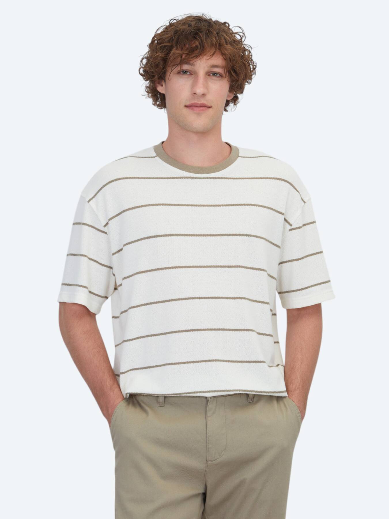 Ekru Çizgili Pamuk Karışımlı T-Shirt