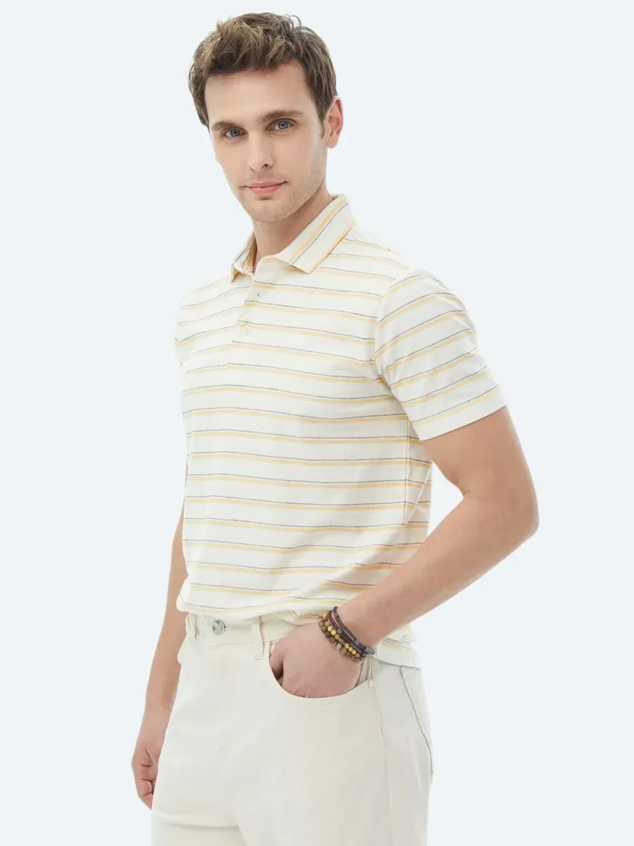 Ekru Çizgili Polo Yaka Pamuk Karışımlı T-Shirt - 6