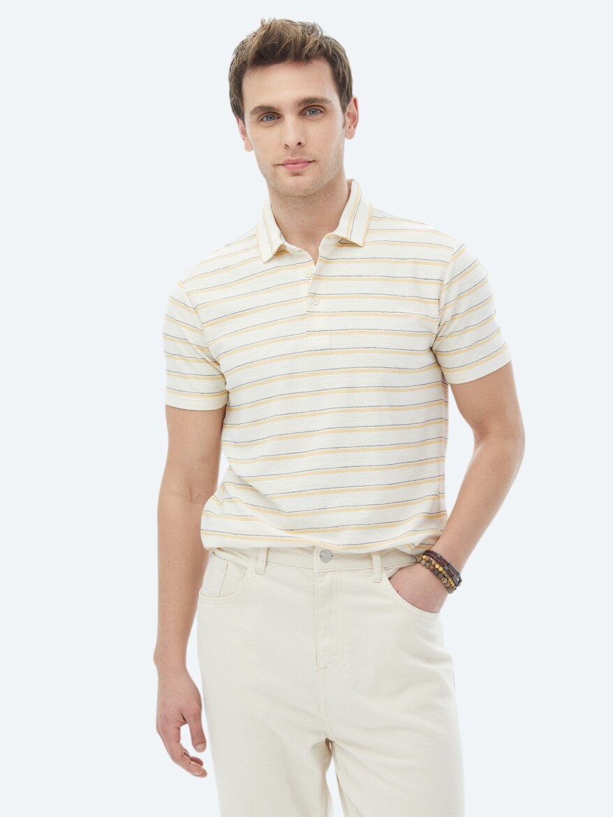 Ekru Çizgili Polo Yaka Pamuk Karışımlı T-Shirt - 1
