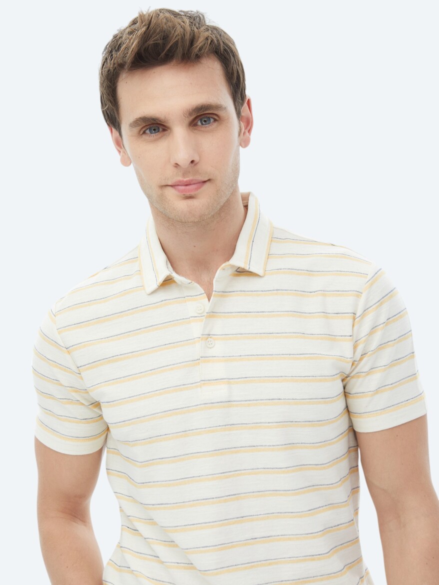 Ekru Çizgili Polo Yaka Pamuk Karışımlı T-Shirt - 4