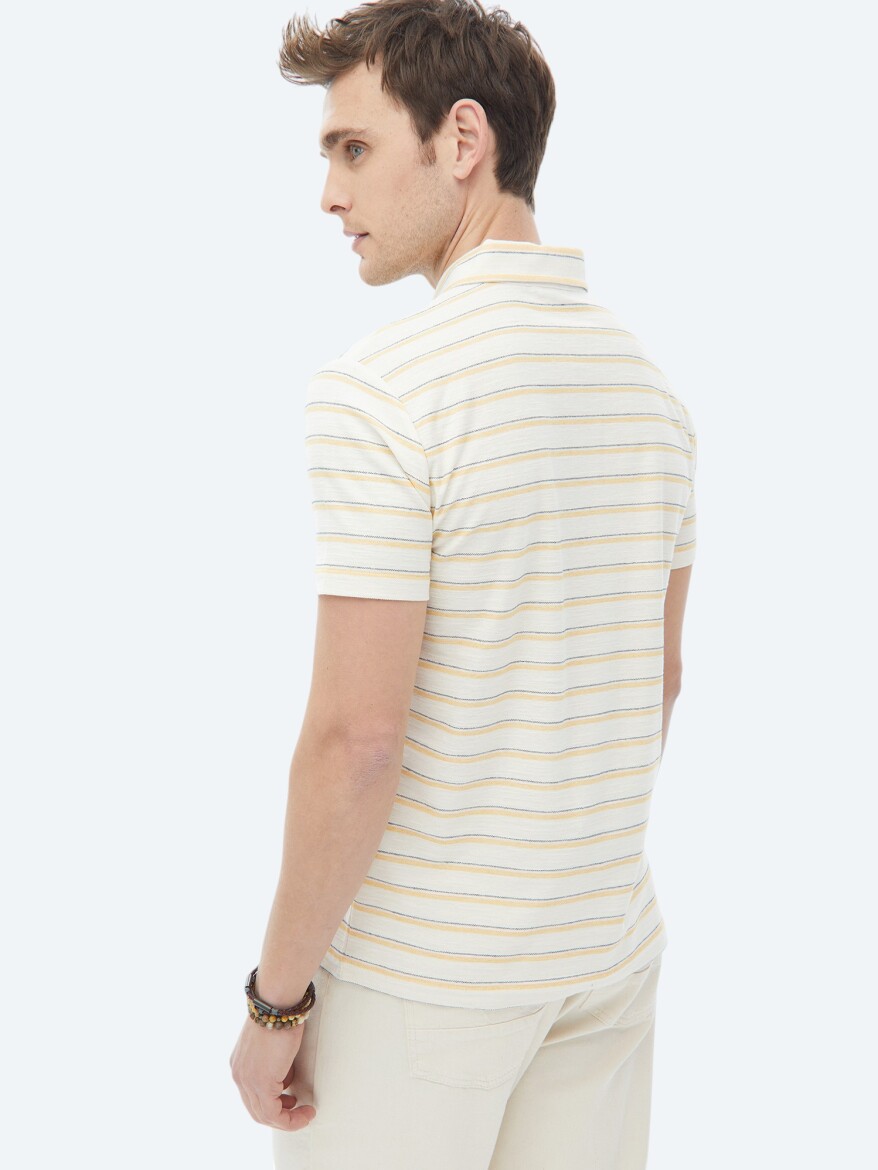 Ekru Çizgili Polo Yaka Pamuk Karışımlı T-Shirt - 10