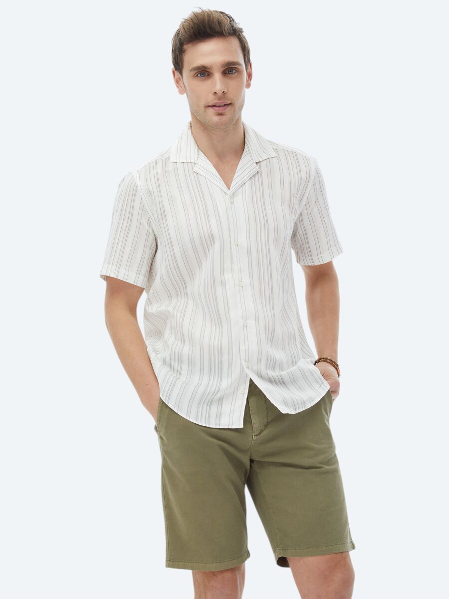 Ekru Çizgili Regular Fit Dokuma Klasik Gömlek - 1