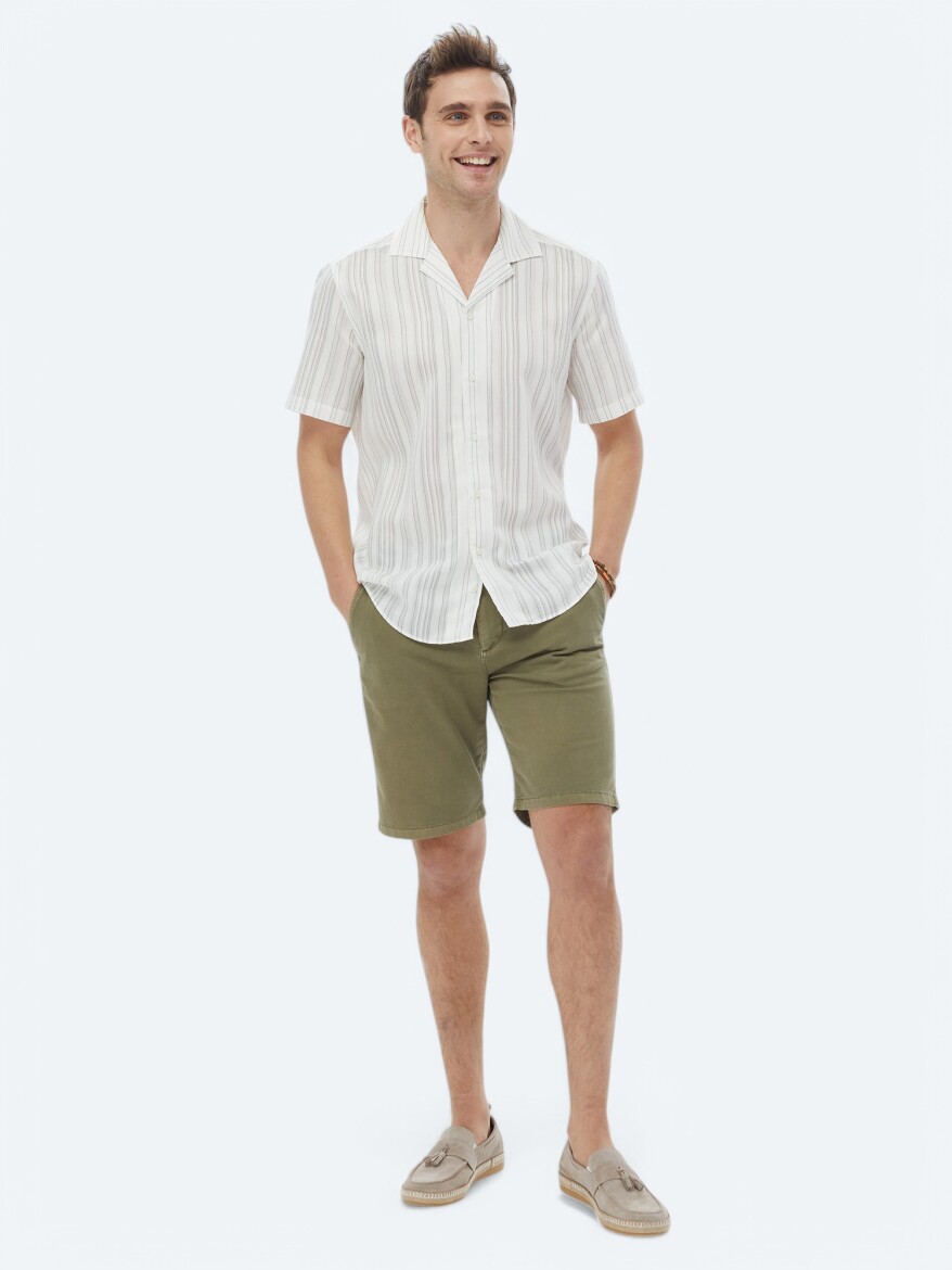 Ekru Çizgili Regular Fit Dokuma Klasik Gömlek - 2