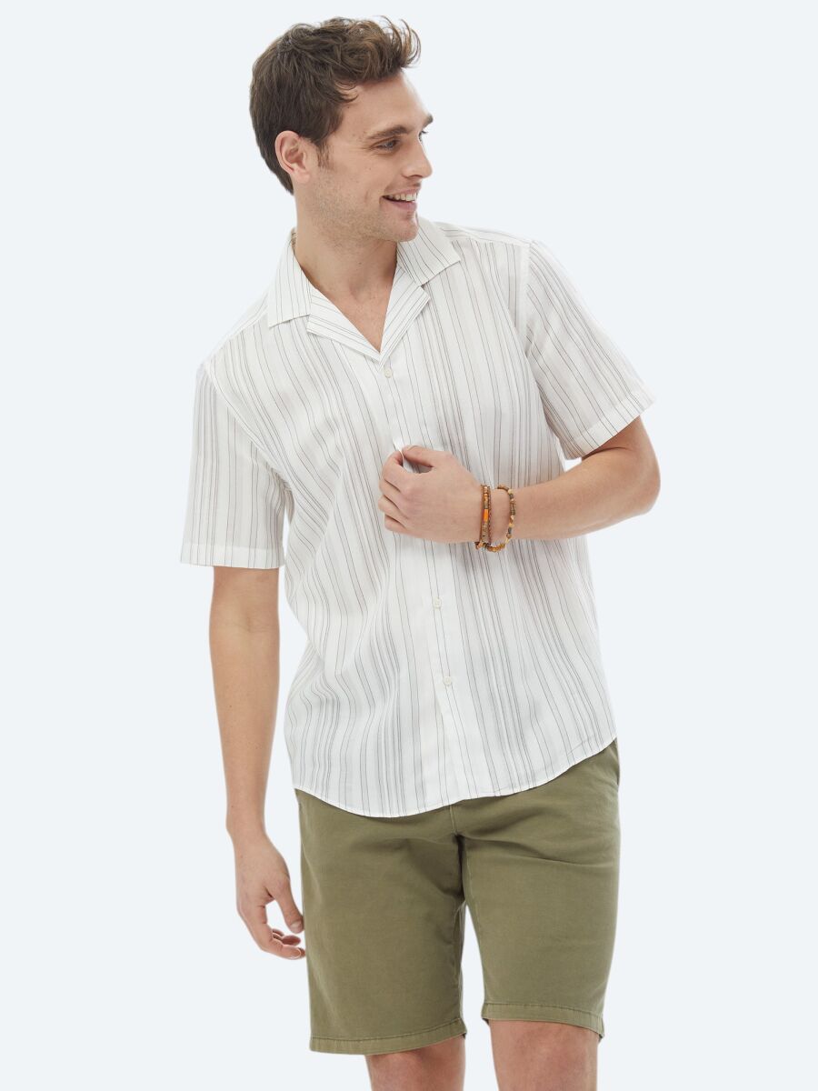 Ekru Çizgili Regular Fit Dokuma Klasik Gömlek - 3