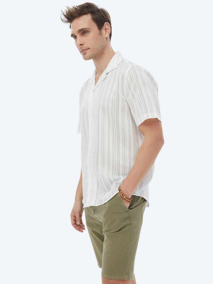 Ekru Çizgili Regular Fit Dokuma Klasik Gömlek - 5