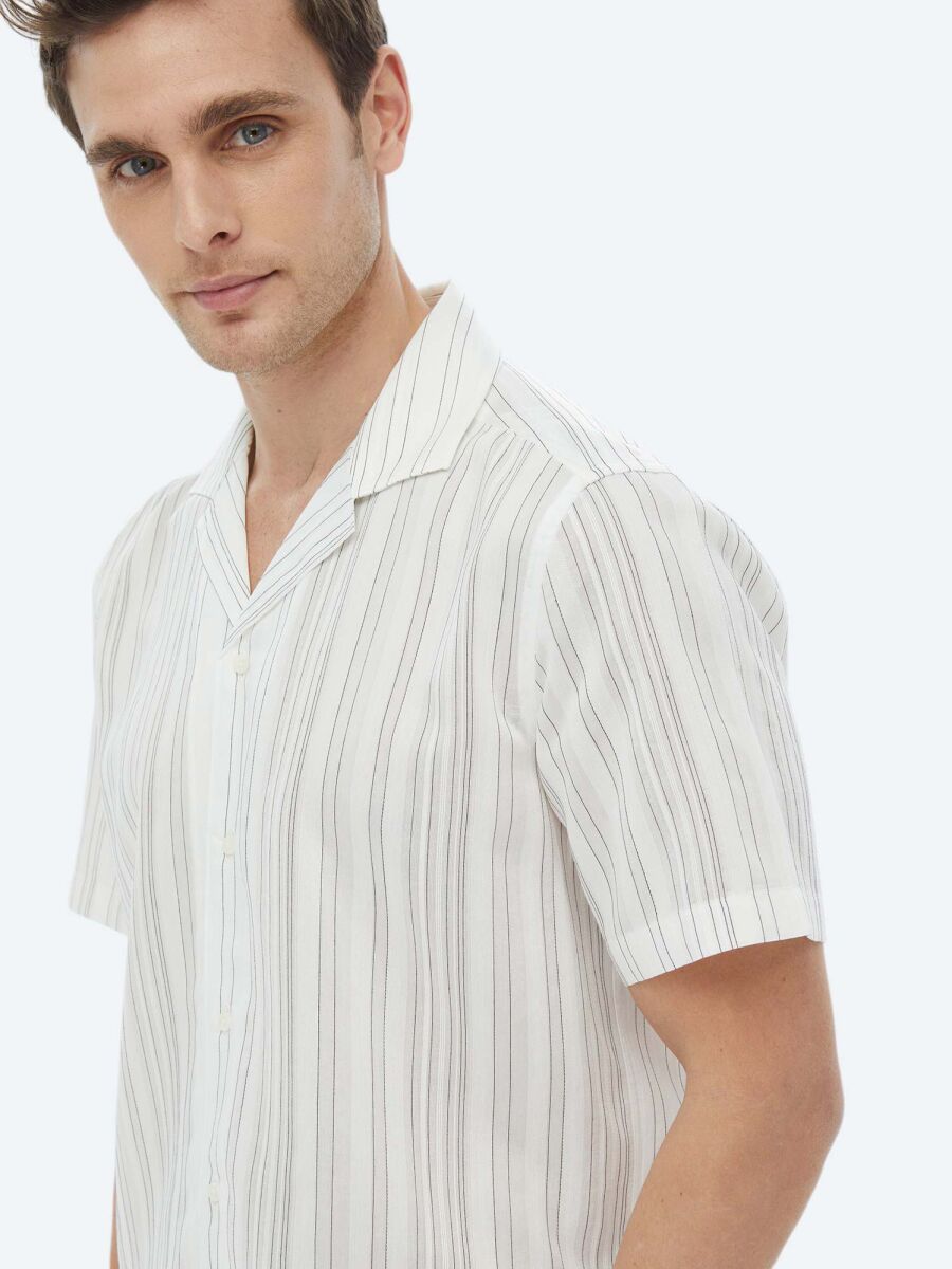 Ekru Çizgili Regular Fit Dokuma Klasik Gömlek - 6