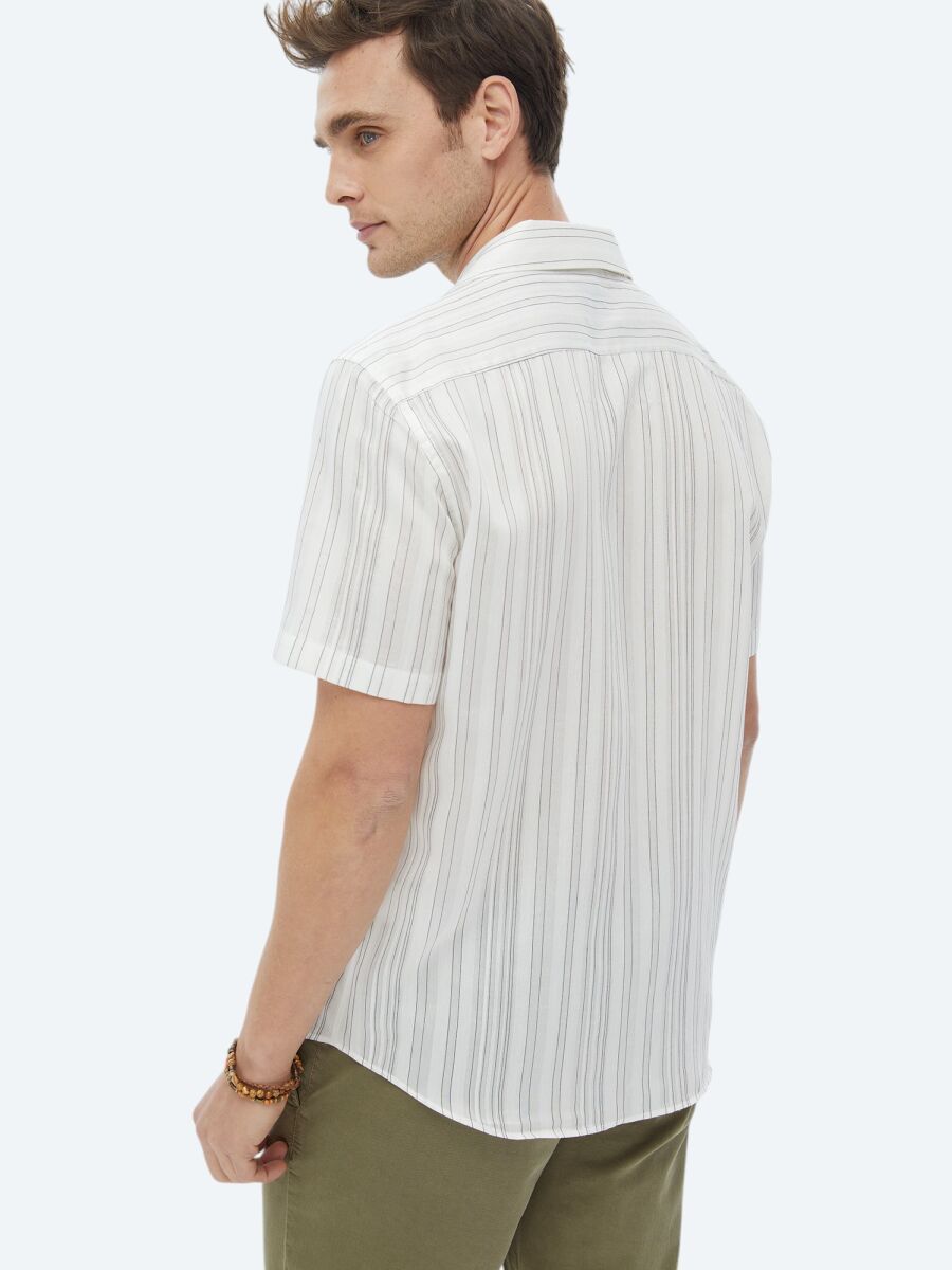 Ekru Çizgili Regular Fit Dokuma Klasik Gömlek - 7