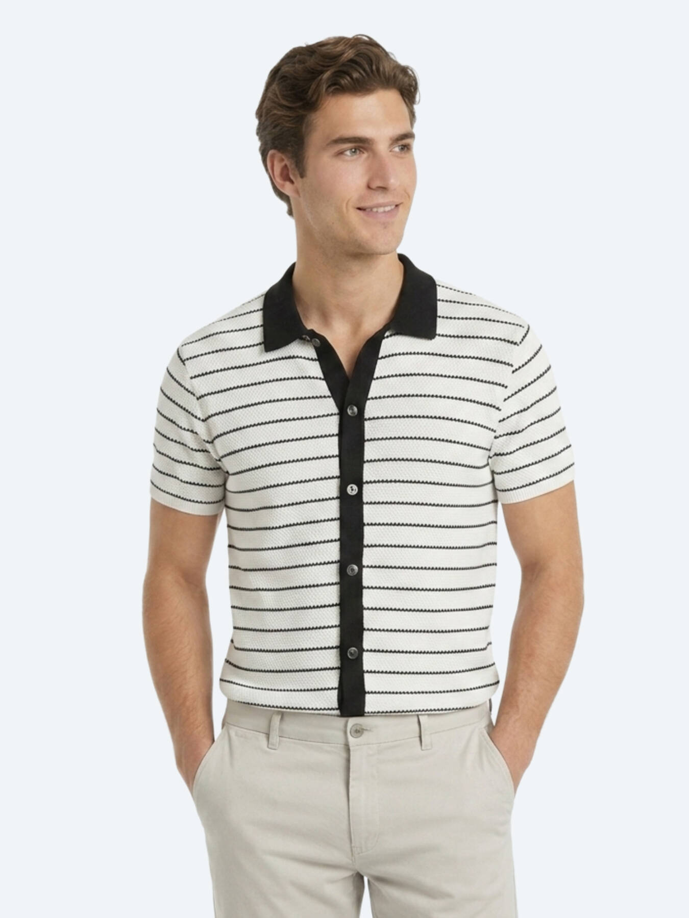 Ekru Çizgili Regular Fit Kısa Casual Pamuk Karışımlı Gömlek
