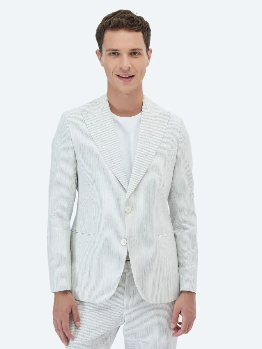 Ekru Çizgili Slim Fit Pamuk Karışımlı Takım Elbise - 1