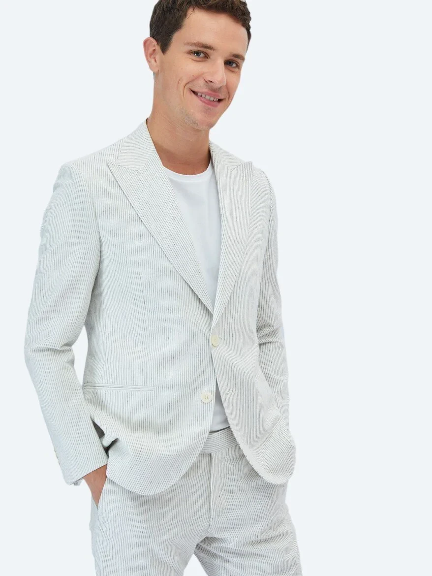 Ekru Çizgili Slim Fit Pamuk Karışımlı Takım Elbise - 8