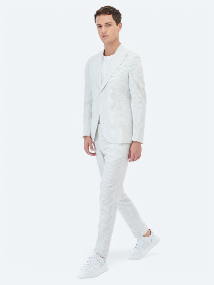 Ekru Çizgili Slim Fit Pamuk Karışımlı Takım Elbise - 2