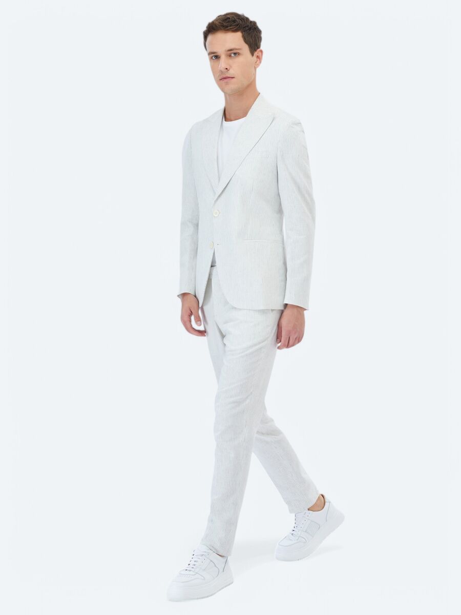 Ekru Çizgili Slim Fit Pamuk Karışımlı Takım Elbise - 2