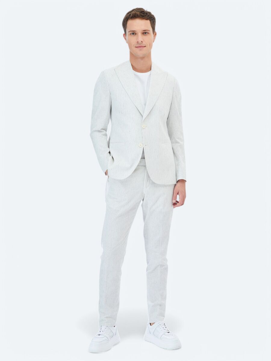 Ekru Çizgili Slim Fit Pamuk Karışımlı Takım Elbise - 4