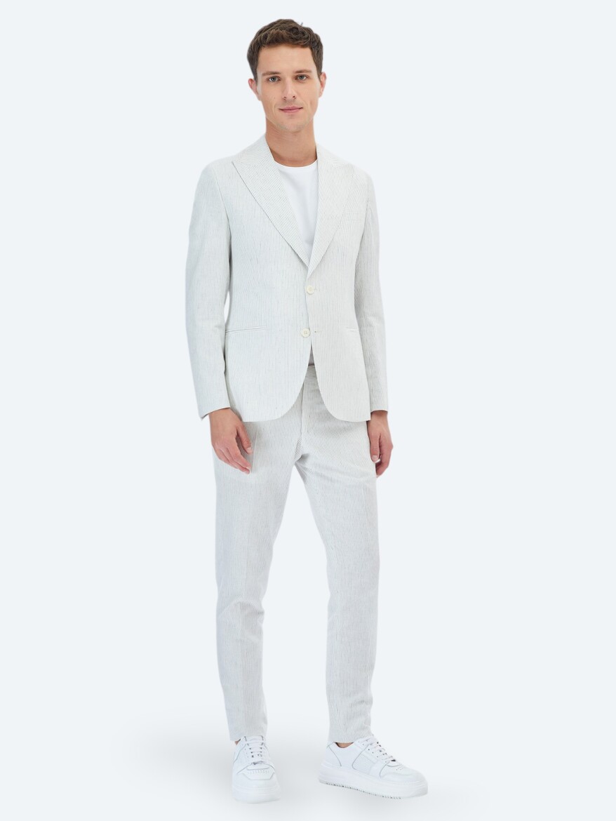 Ekru Çizgili Slim Fit Pamuk Karışımlı Takım Elbise - 5