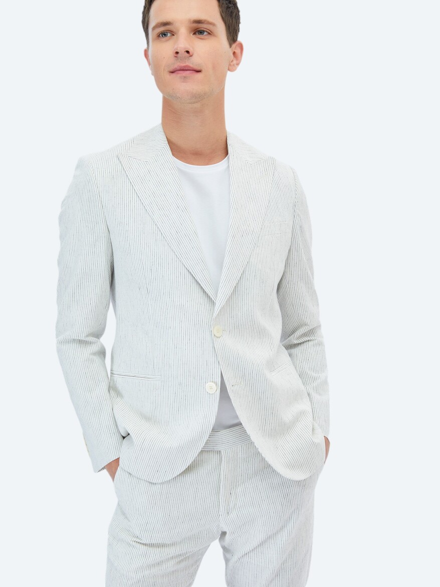 Ekru Çizgili Slim Fit Pamuk Karışımlı Takım Elbise - 7