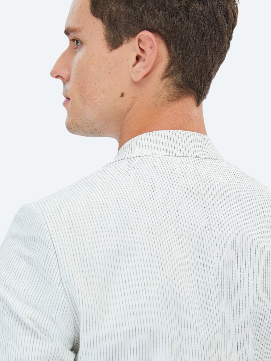 Ekru Çizgili Slim Fit Pamuk Karışımlı Takım Elbise - 10