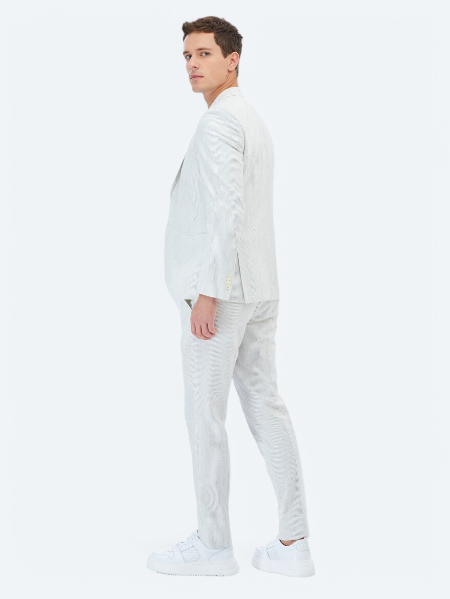 Ekru Çizgili Slim Fit Pamuk Karışımlı Takım Elbise - 11