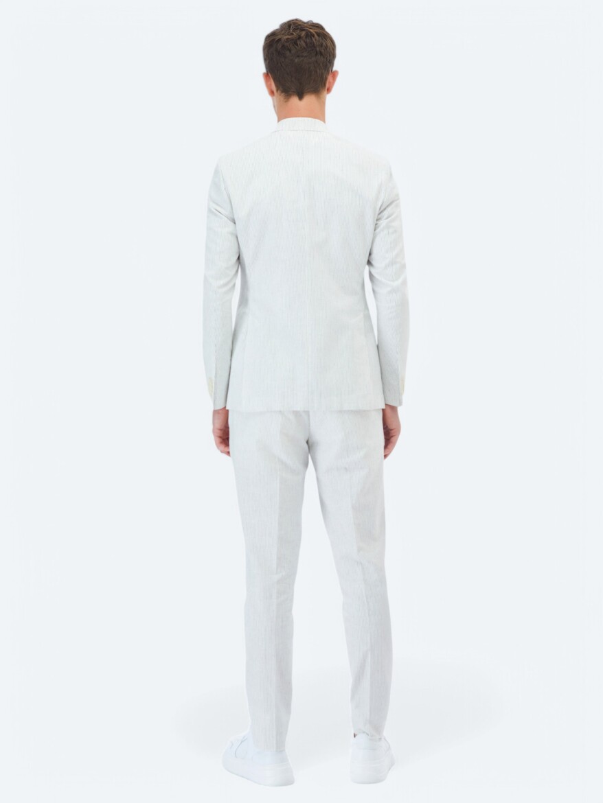 Ekru Çizgili Slim Fit Pamuk Karışımlı Takım Elbise - 12