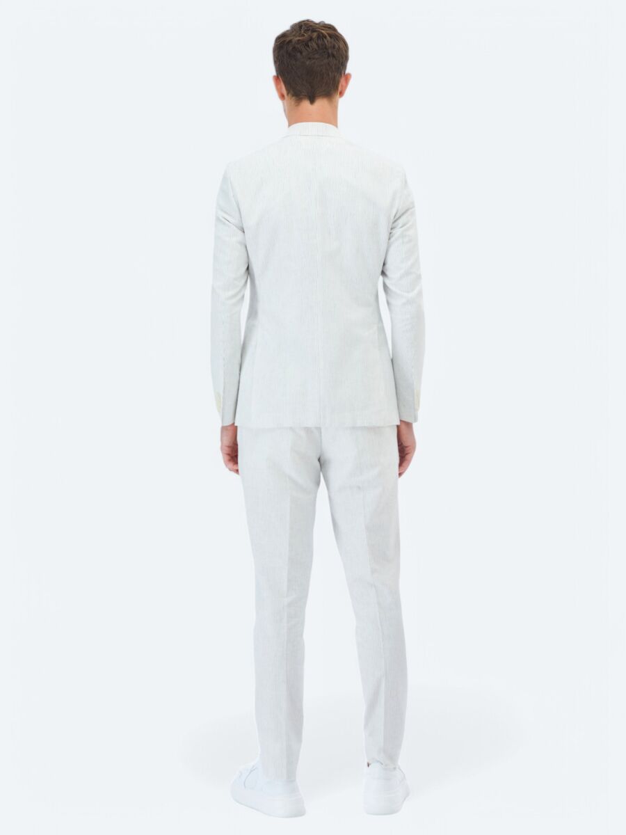 Ekru Çizgili Slim Fit Pamuk Karışımlı Takım Elbise - 12