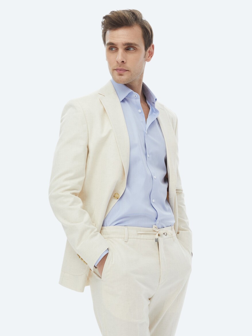 Ekru Desenli Modern Fit Pamuk Karışımlı Takım Elbise - 1