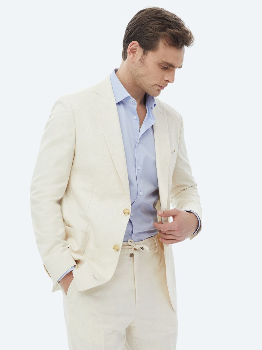 Ekru Desenli Modern Fit Pamuk Karışımlı Takım Elbise - 3