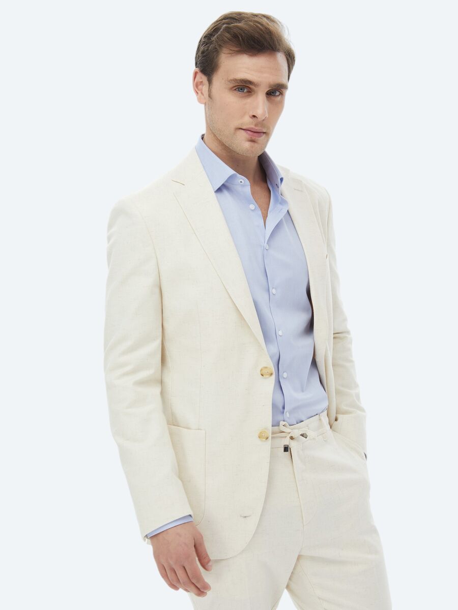 Ekru Desenli Modern Fit Pamuk Karışımlı Takım Elbise - 4