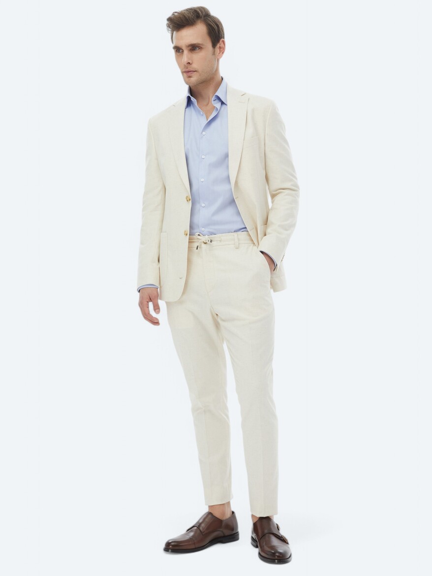 Ekru Desenli Modern Fit Pamuk Karışımlı Takım Elbise - 5