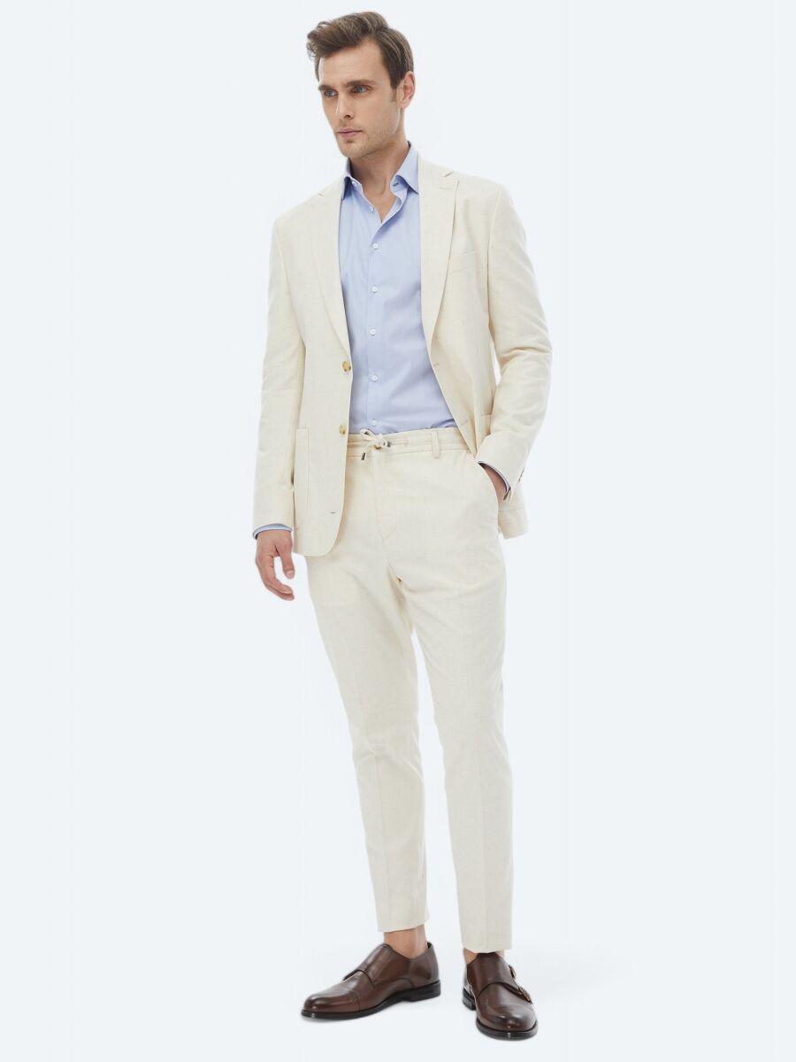 Ekru Desenli Modern Fit Pamuk Karışımlı Takım Elbise - 5