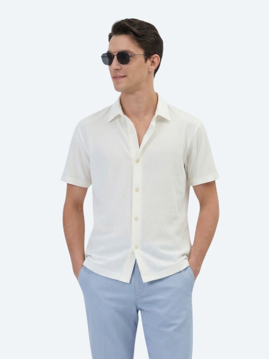 Ekru Desenli Regular Fit Kısa Casual Gömlek - 1
