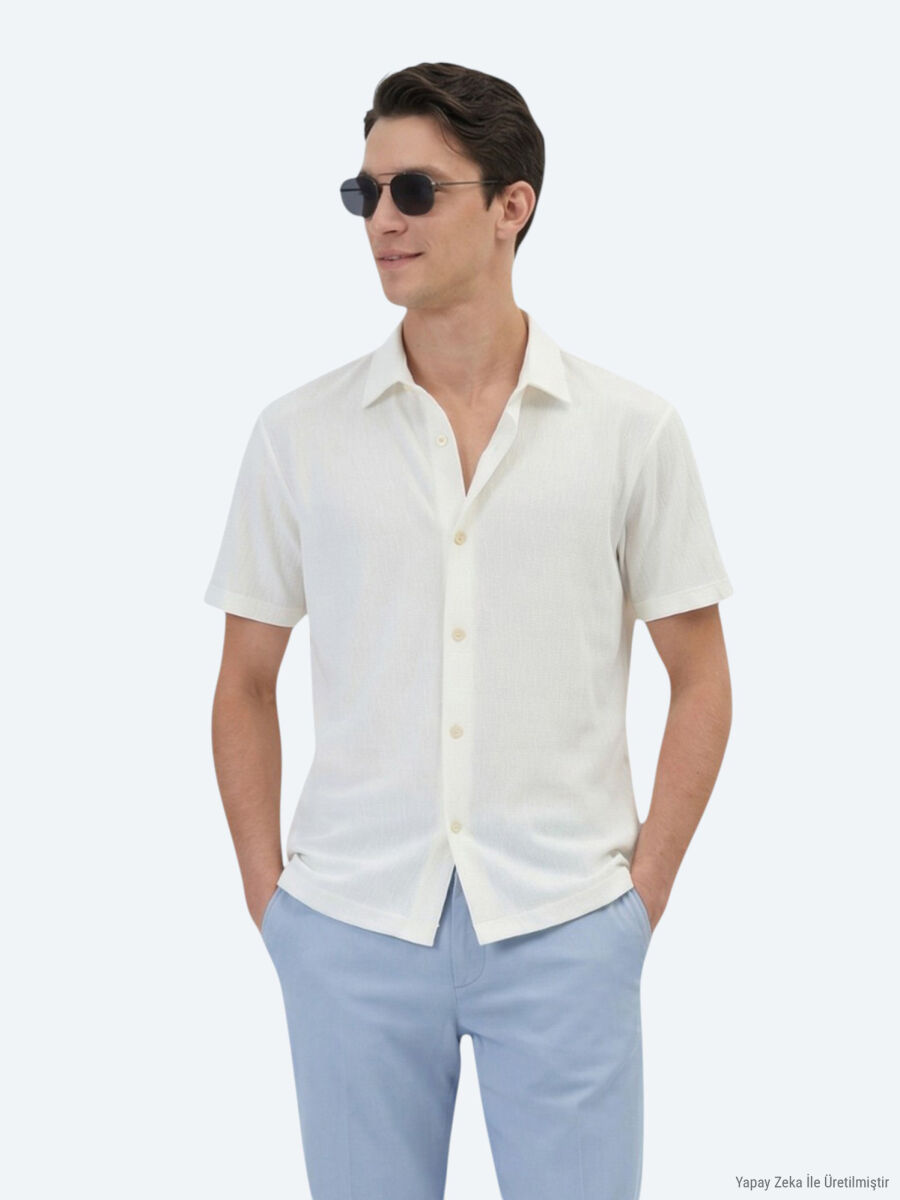 Ekru Desenli Regular Fit Kısa Casual Gömlek - 1
