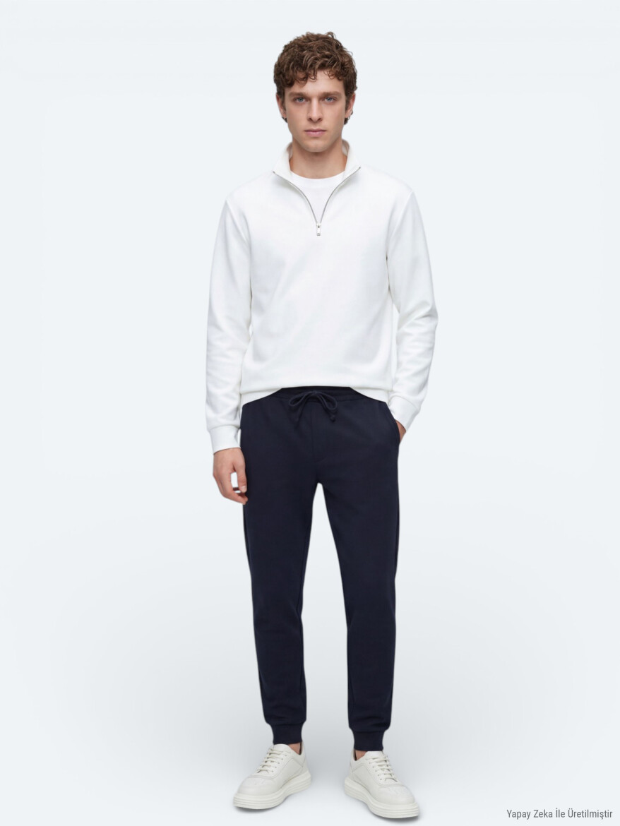 Ekru Dik Yaka Düz Sweatshırt - 3