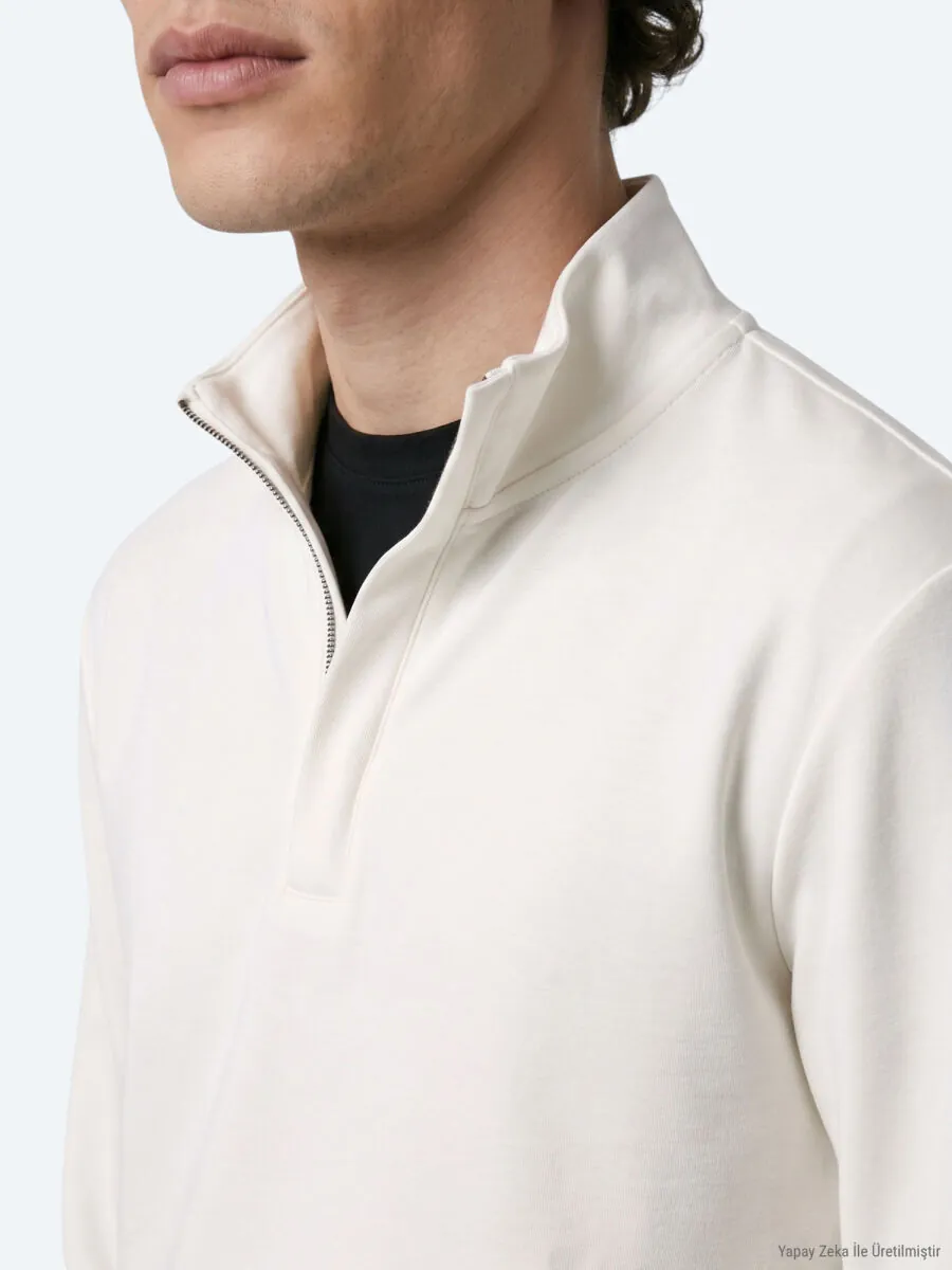 Ekru Dik Yaka Düz Sweatshırt - 4