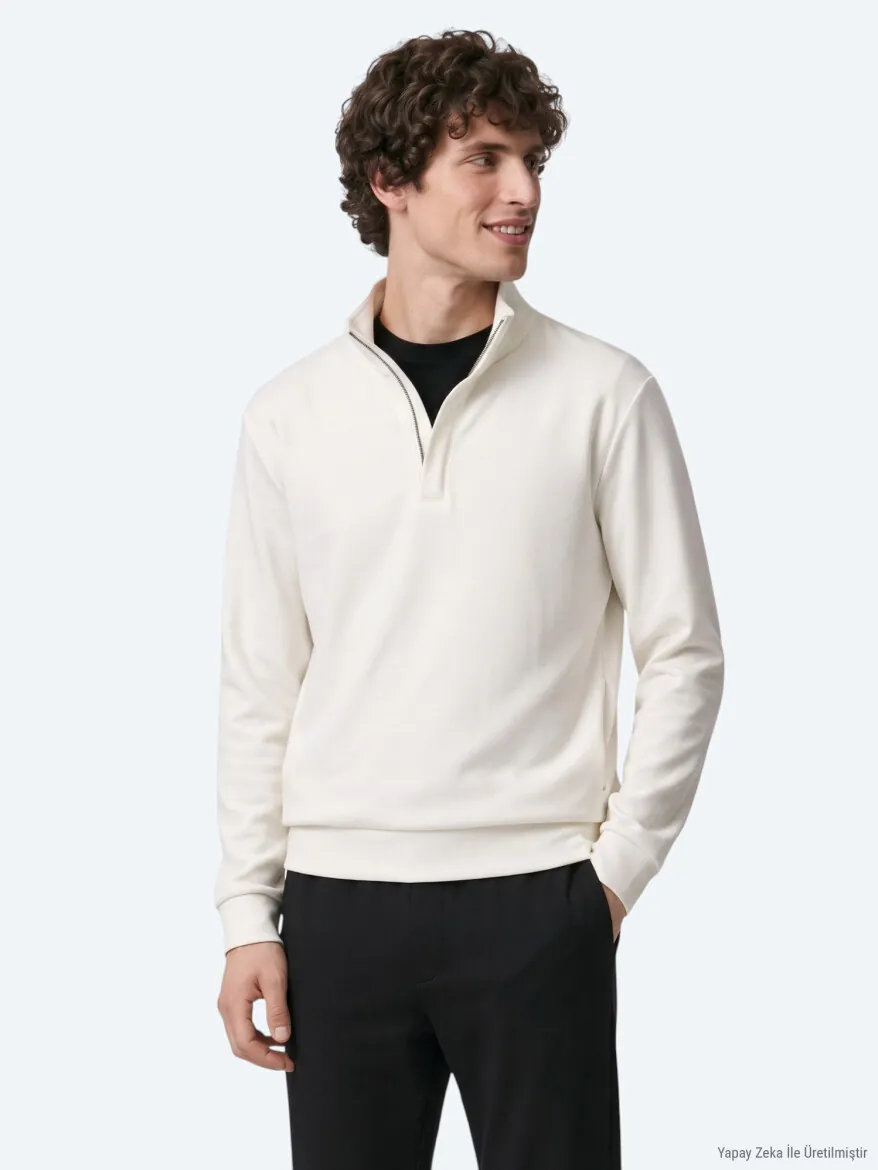 Ekru Dik Yaka Düz Sweatshırt - 5