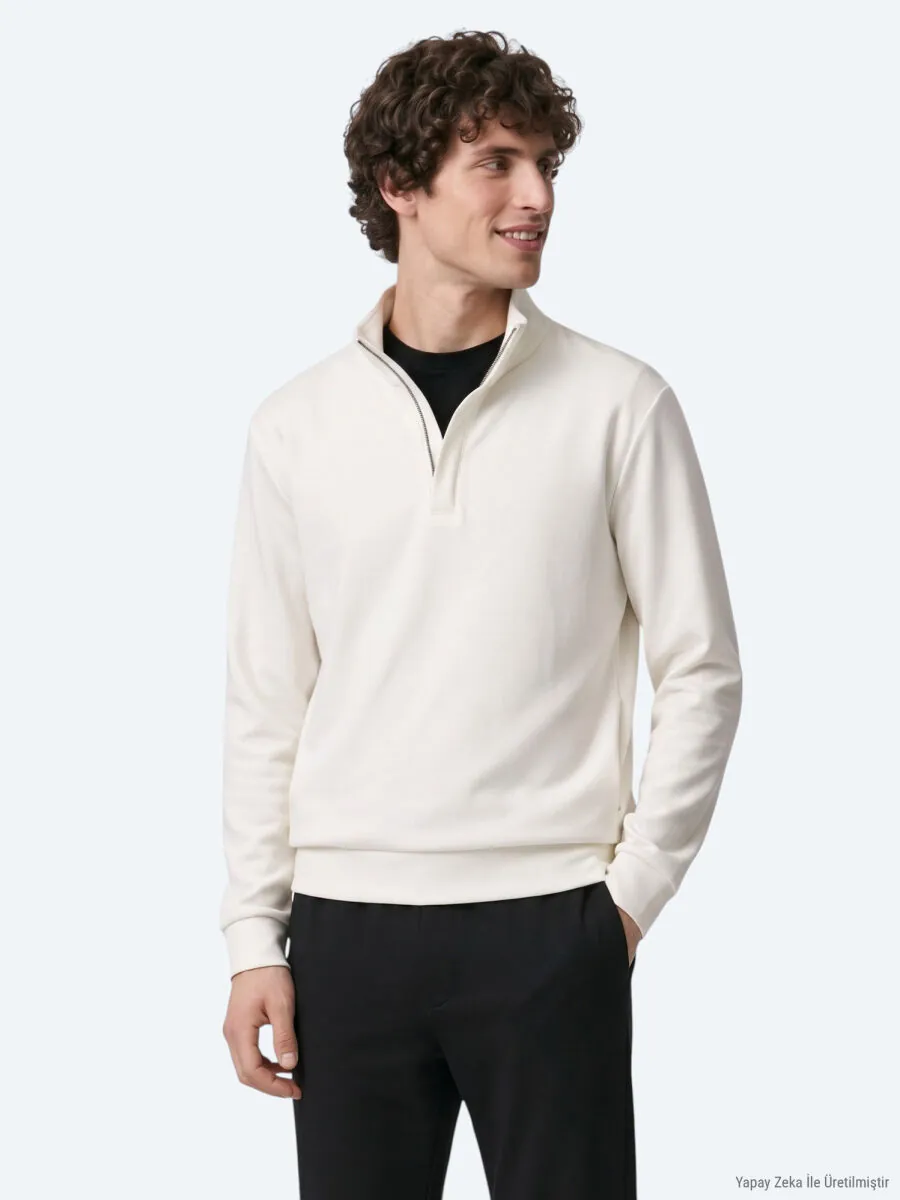 Ekru Dik Yaka Düz Sweatshırt - 5