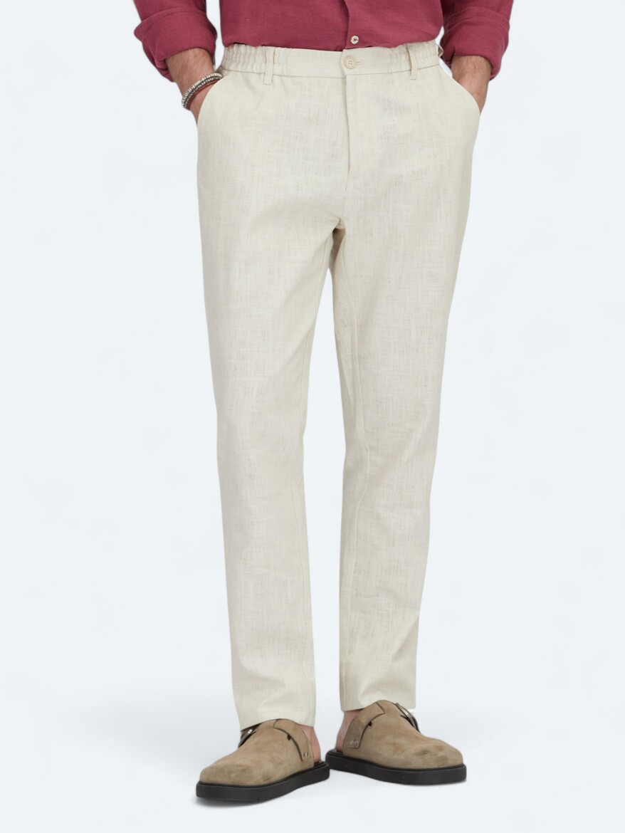 Ekru Dokuma Jogging Fit Casual Pamuk Karışımlı Pantolon - KİP