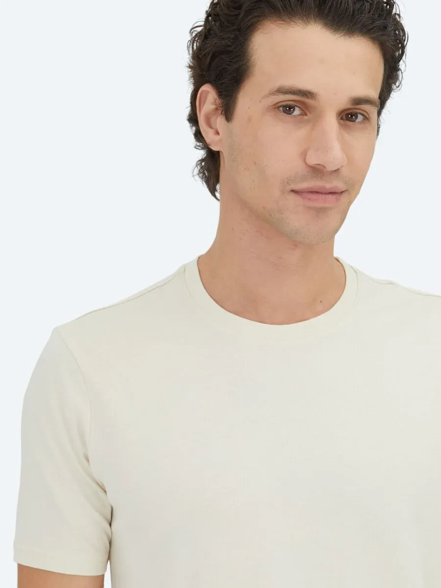 Ekru Düz Bisiklet Yaka %100 Pamuk T-Shirt - 3