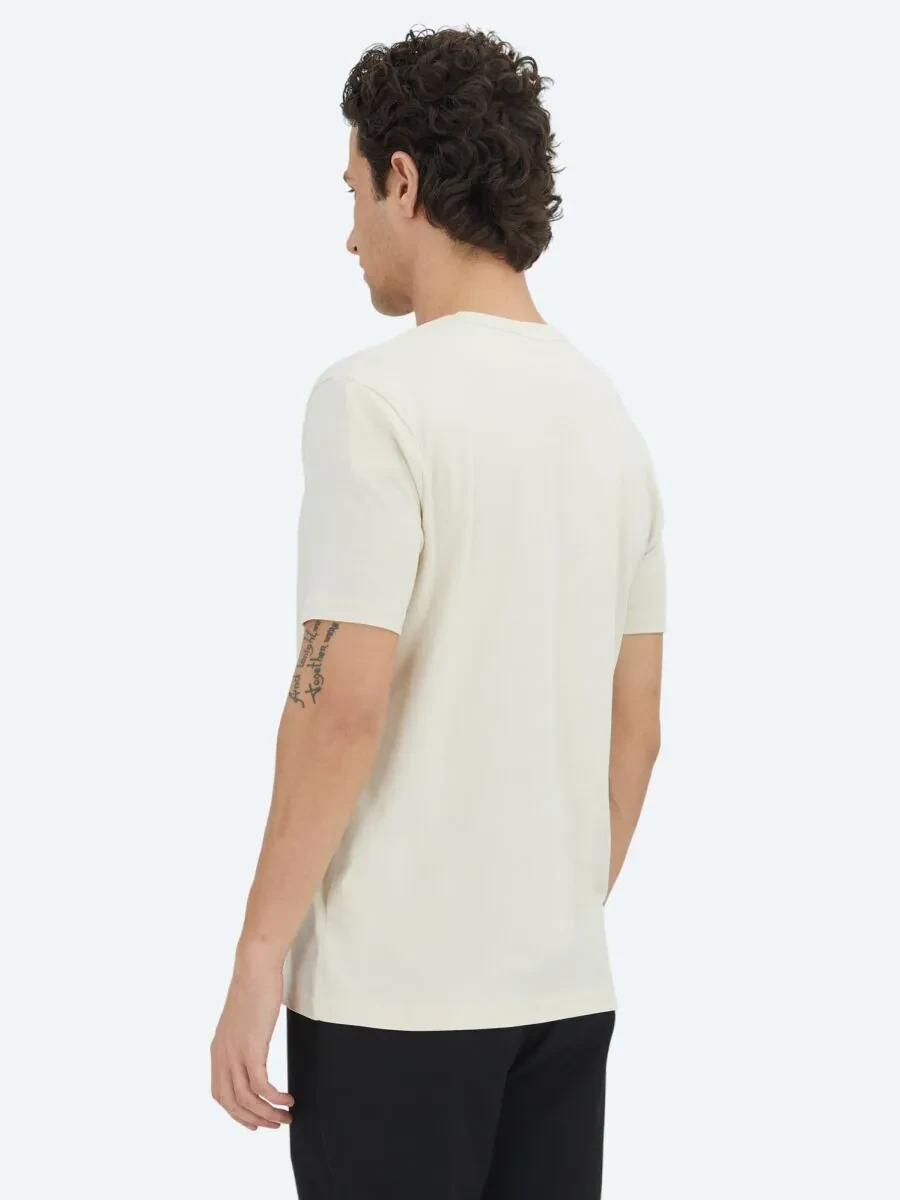 Ekru Düz Bisiklet Yaka %100 Pamuk T-Shirt - 5