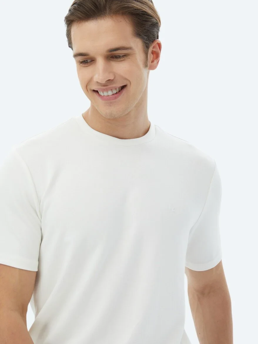 Ekru Düz Bisiklet Yaka T-Shirt - 3