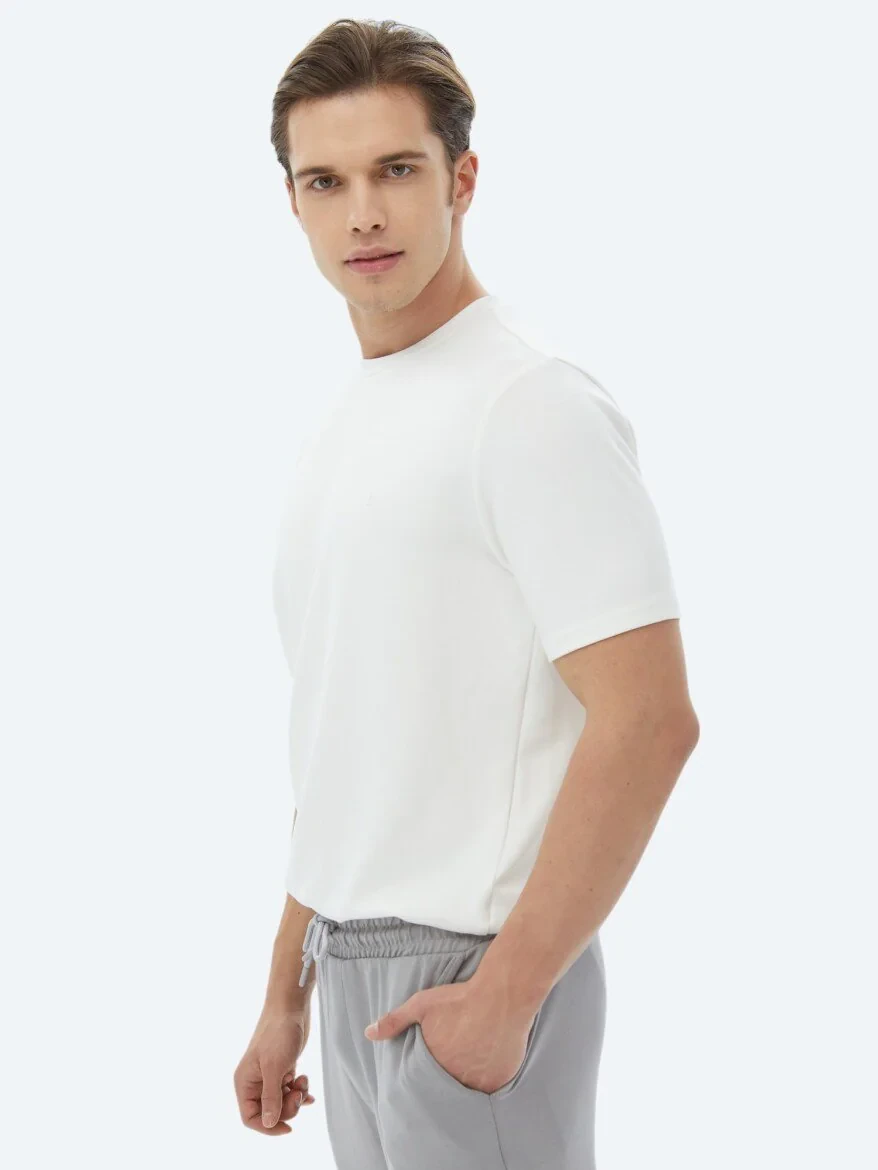Ekru Düz Bisiklet Yaka T-Shirt 